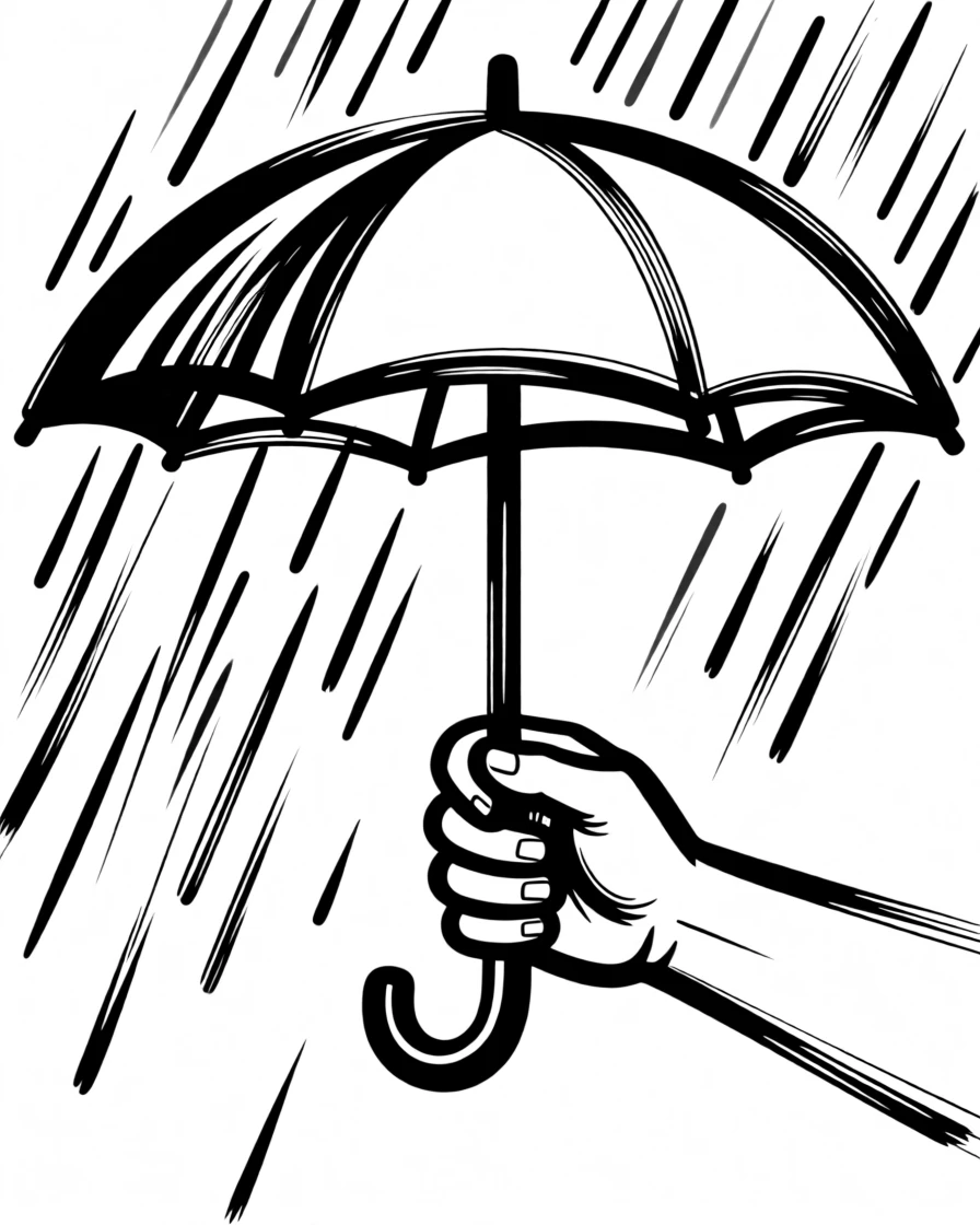 A single umbrella held steady against a heavy downpour, keeping the light dry beneath.
