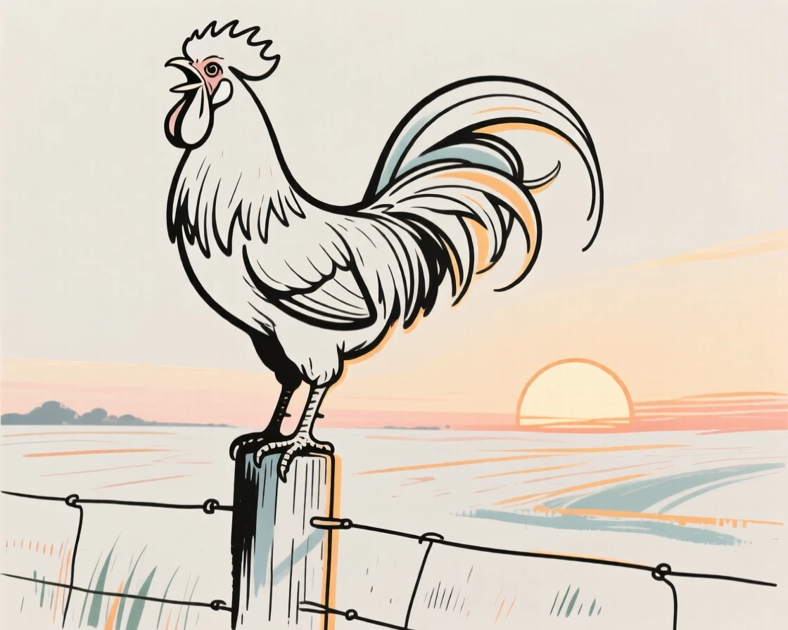 A rooster crowing atop a fence post as the sun rises over a farm.