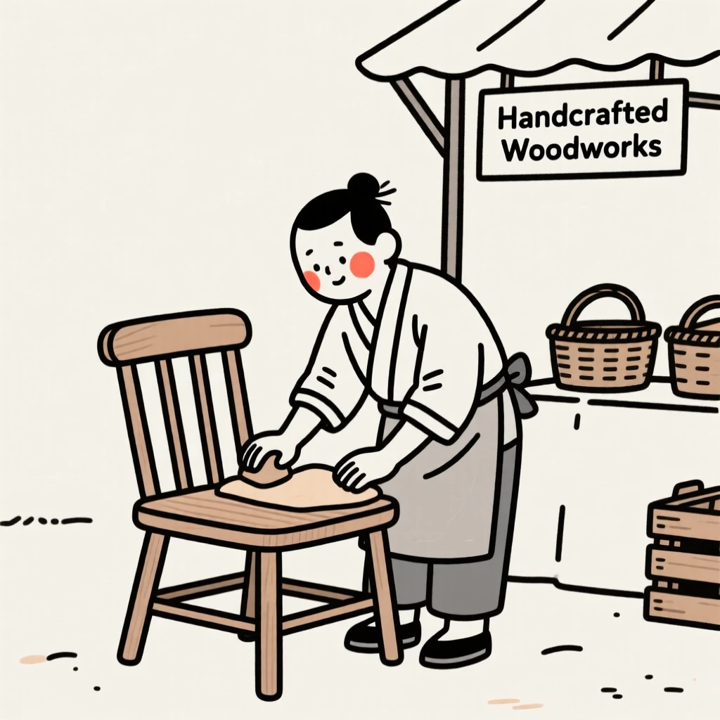 A carpenter of japanese heritage sanding a wooden chair, resting in calm stillness, at a countryside farmers market.