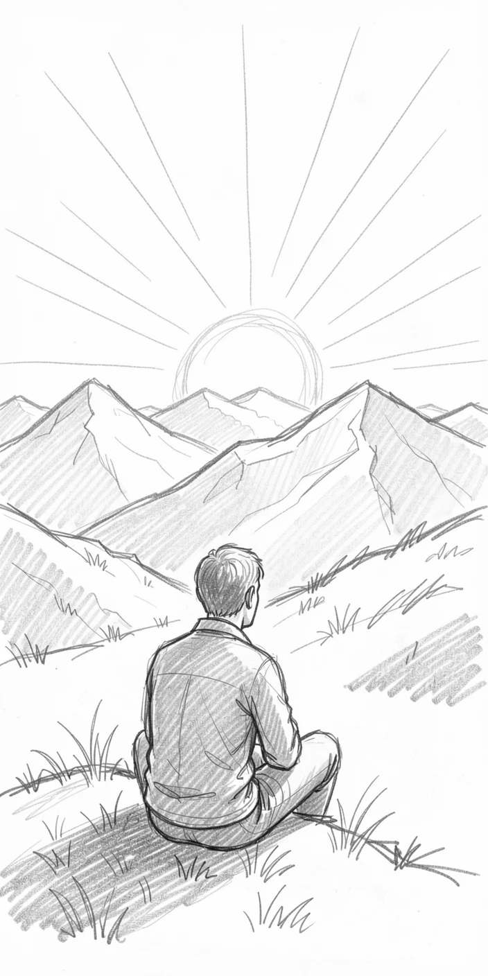 A peaceful moment of a person watching the sunrise from a hilltop as the sun rises over distant mountains, capturing a moment of pure stillness.