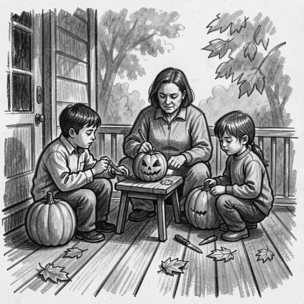 A family carving pumpkins on a porch in autumn, on a quiet, peaceful afternoon.