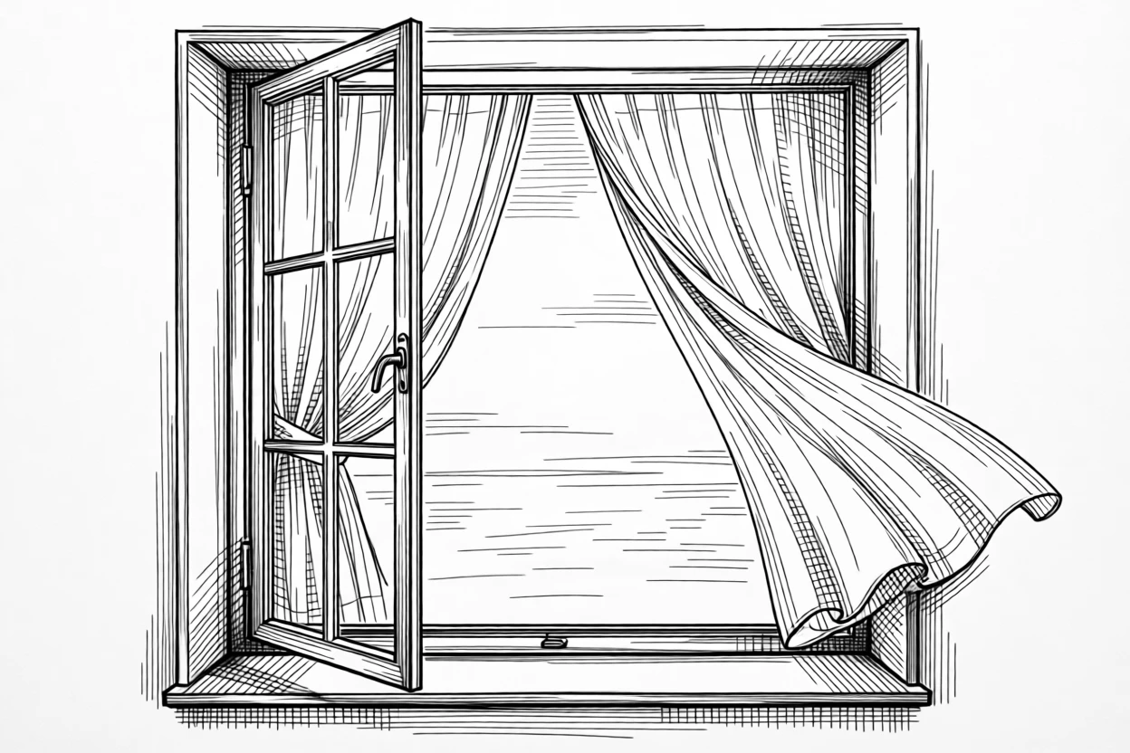 An open window with sheer curtains billowing gently in a warm breeze.