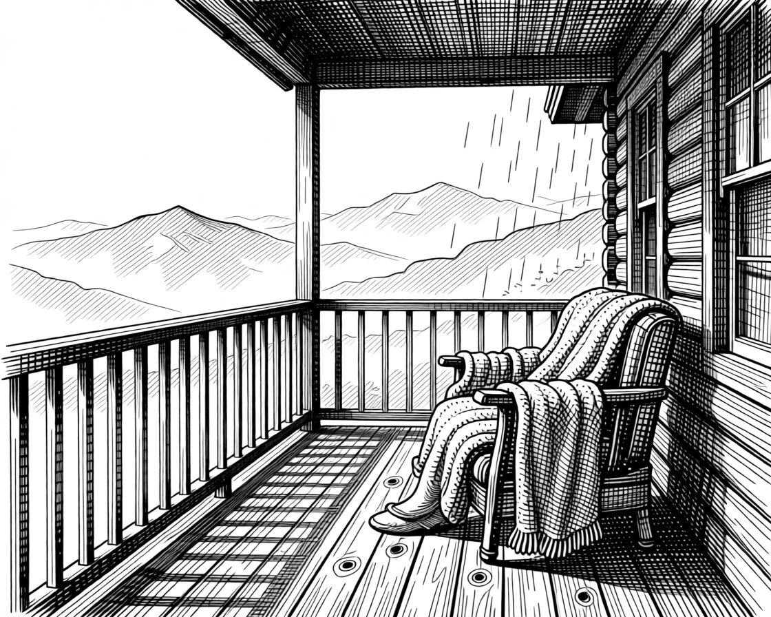 A cabin porch with a view of misty mountains beneath a soft wool blanket on a rainy afternoon, with soft shadows stretching across worn wooden floors, evoking a restfully serene sense of calm.