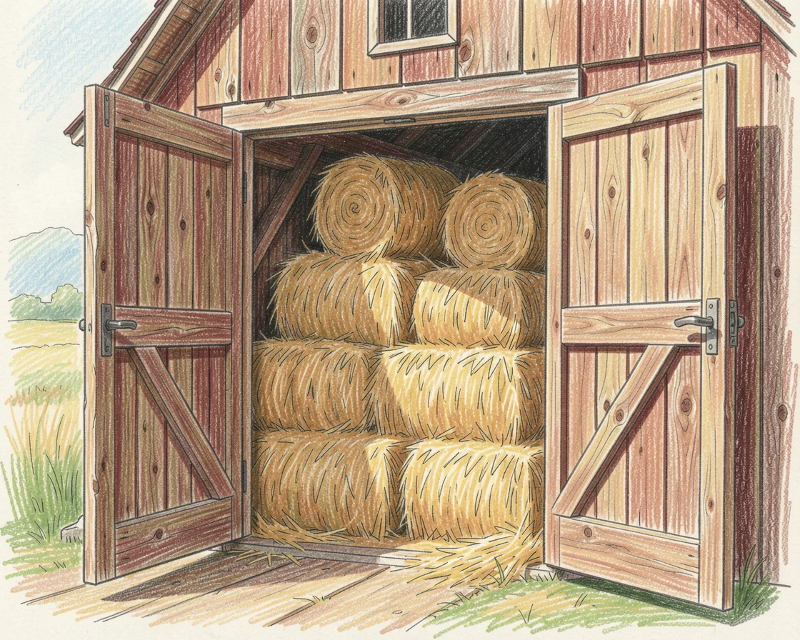 A rustic countryside barn door open to reveal stacks of hay, with delicate details that reward a closer look, evoking nostalgia and a deep sense of contentment.