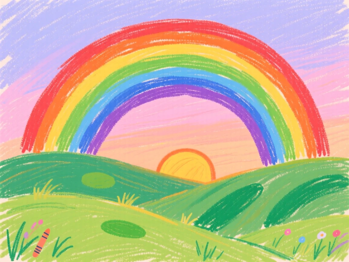 A view of a rainbow over green hills bathed in the last light of day.