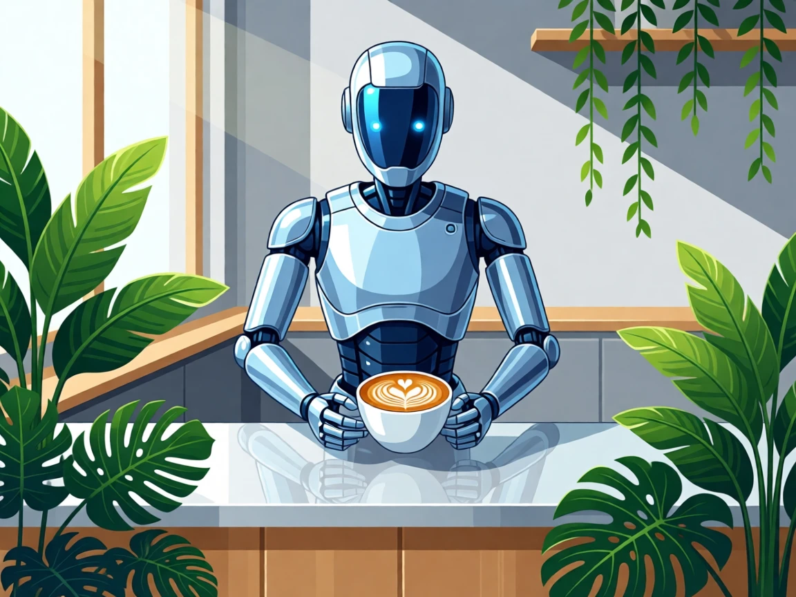 A robot barista preparing a latte with delicate foam art, surrounded by lush greenery blended with modern design, arranged with soft reflections adding a polished feel, with a subtle sense of wonder about future possibilities.
