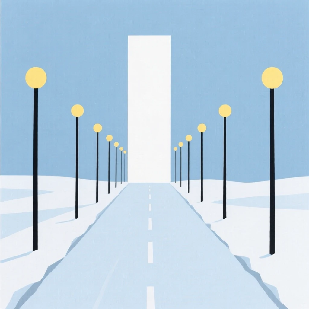 A snowy street lined with lampposts glowing warmly
