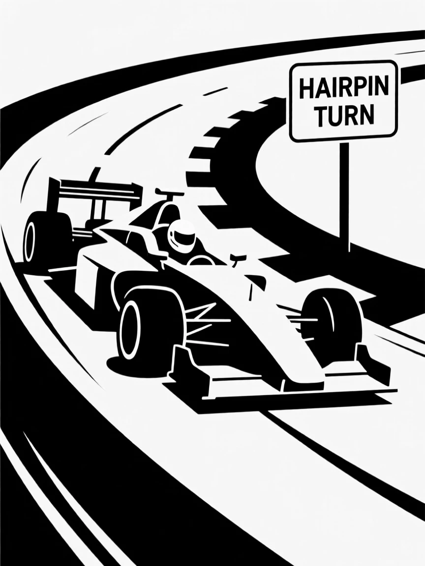 A race car driver navigating a hairpin turn at high speed.