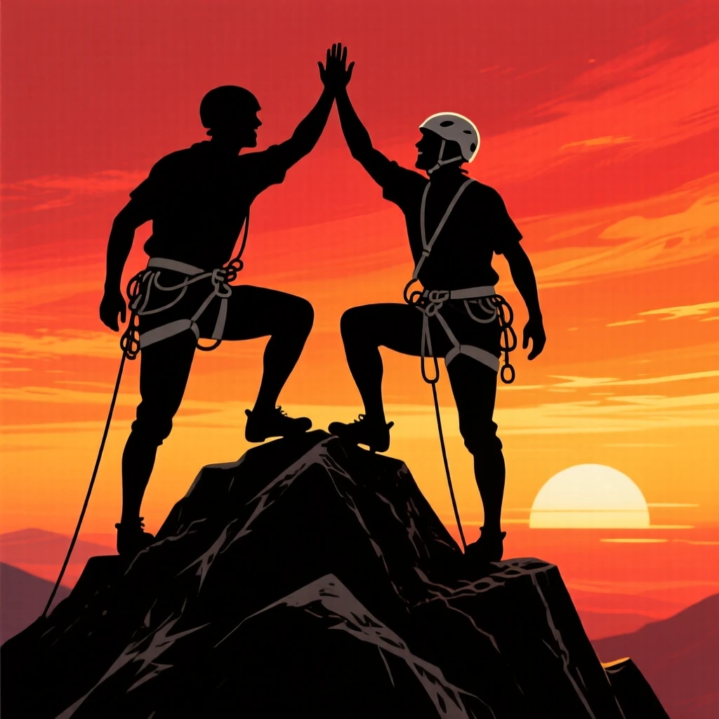 A pair of climbers celebrating with a high-five at the top of a peak.