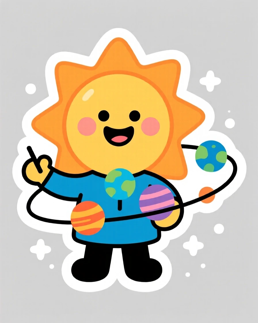 A cheerful and encouraging smiling cartoon sun teaching kids about the solar system, with a big warm smile, ideal for early childhood learning.