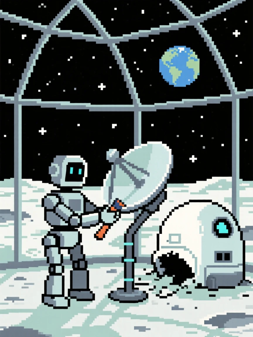 A robot fixing a satellite dish resting beside a crashed but harmless spacecraft, within a greenhouse dome on the moon.