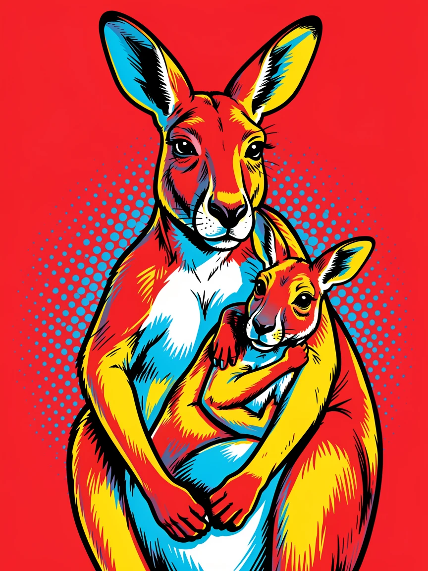 A kangaroo with a joey in its pouch in an intimate close-up portrait