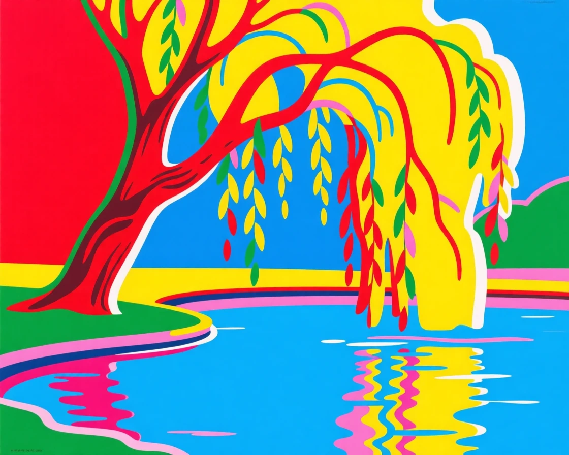 Willow tree draping over a still pond