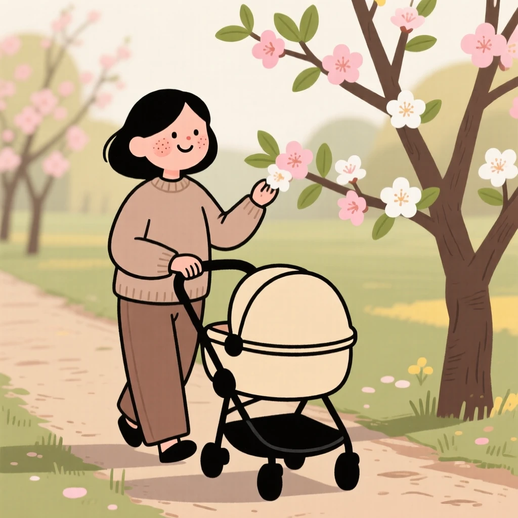 The first blossoms of spring open along a quiet orchard lane as a young mother pushing a stroller walks slowly by, pausing to admire the color in the mild morning air.