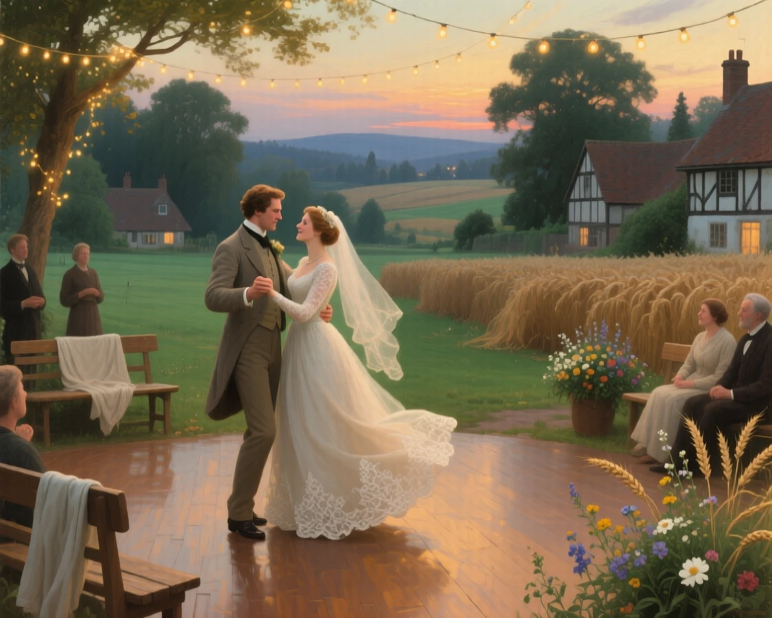 A grand panoramic scene of a bride and groom sharing their first dance beneath a canopy of fairy lights, during the summer harvest, in a small English village.
