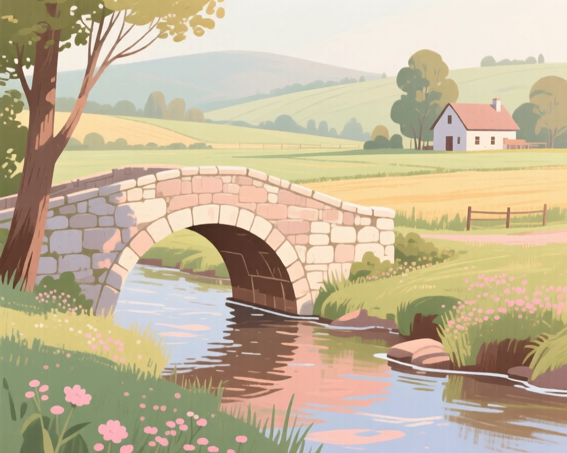 A rural stone bridge crossing a stream that borders farmland