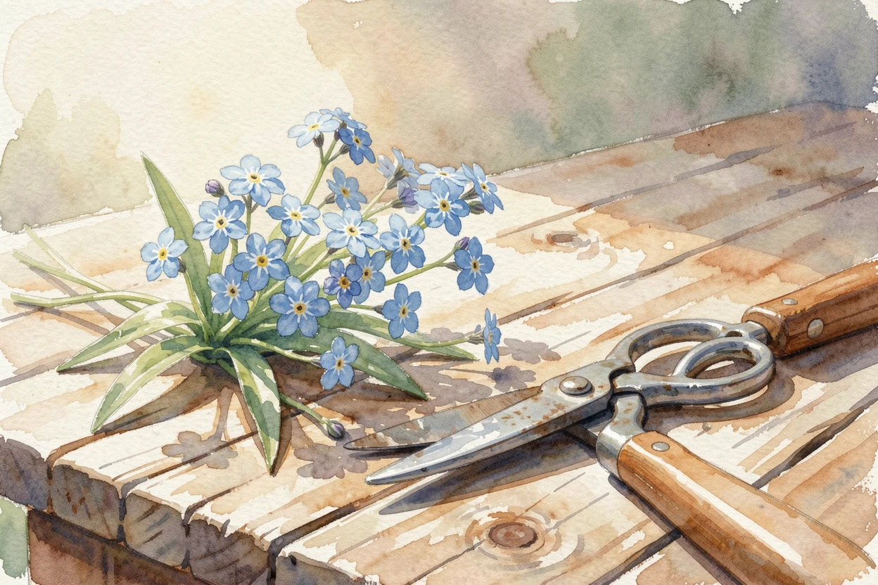 A bunch of forget-me-nots on a rustic wooden table with a pair of garden shears nearby.