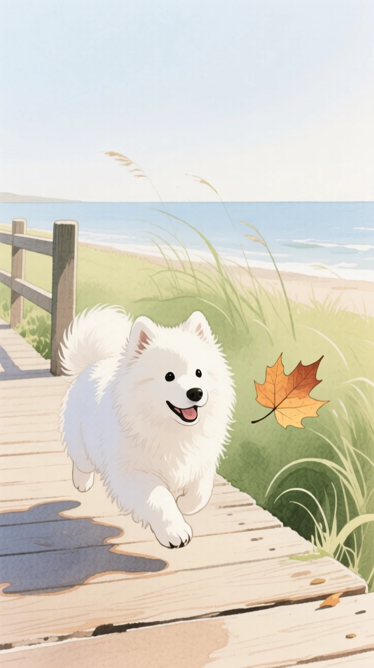 A Samoyed puppy chases a fluttering leaf in a seaside boardwalk, while a gentle breeze stirs the grass