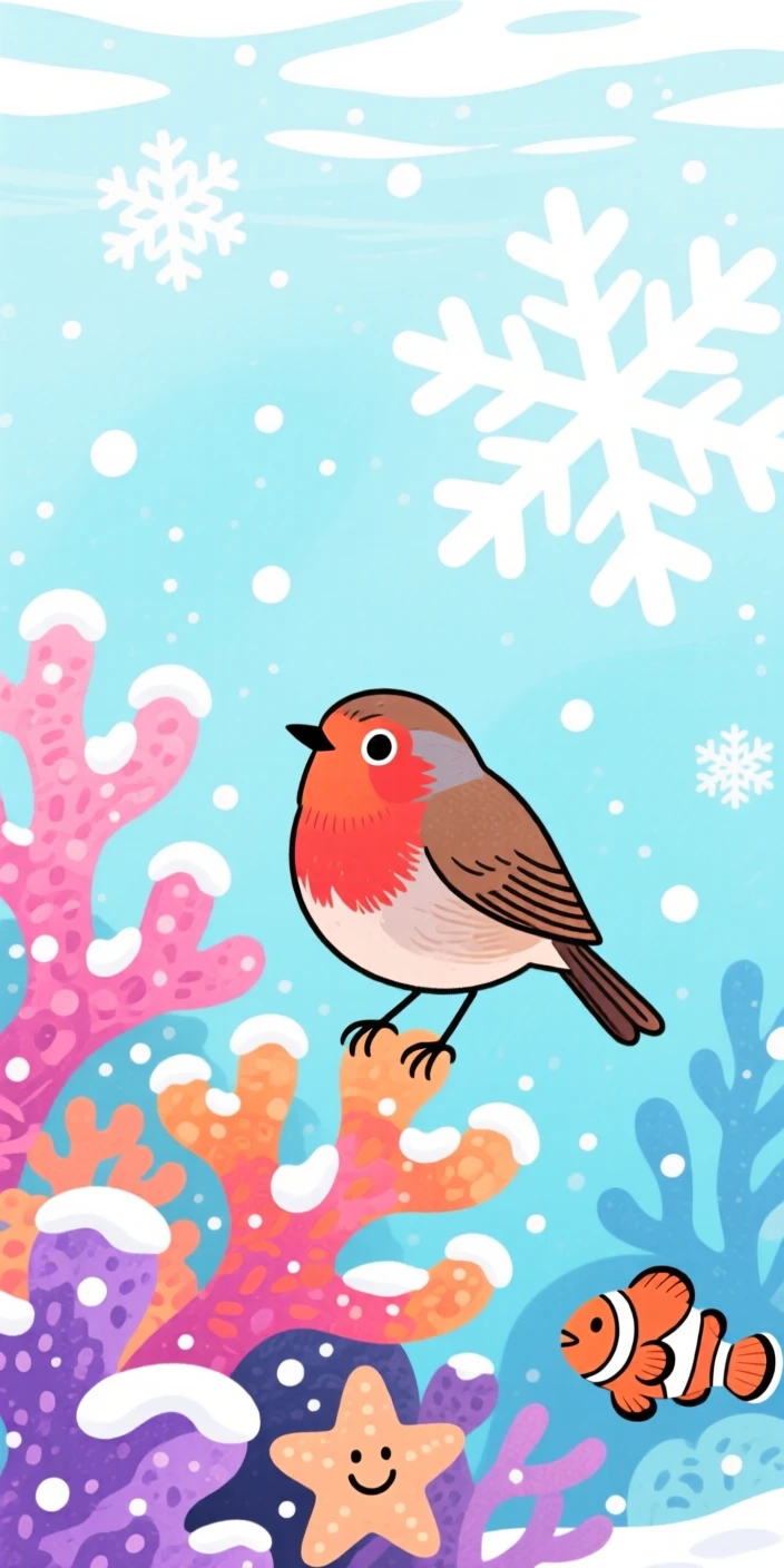 A chirping robin exploring a coral reef in the first snow of winter.