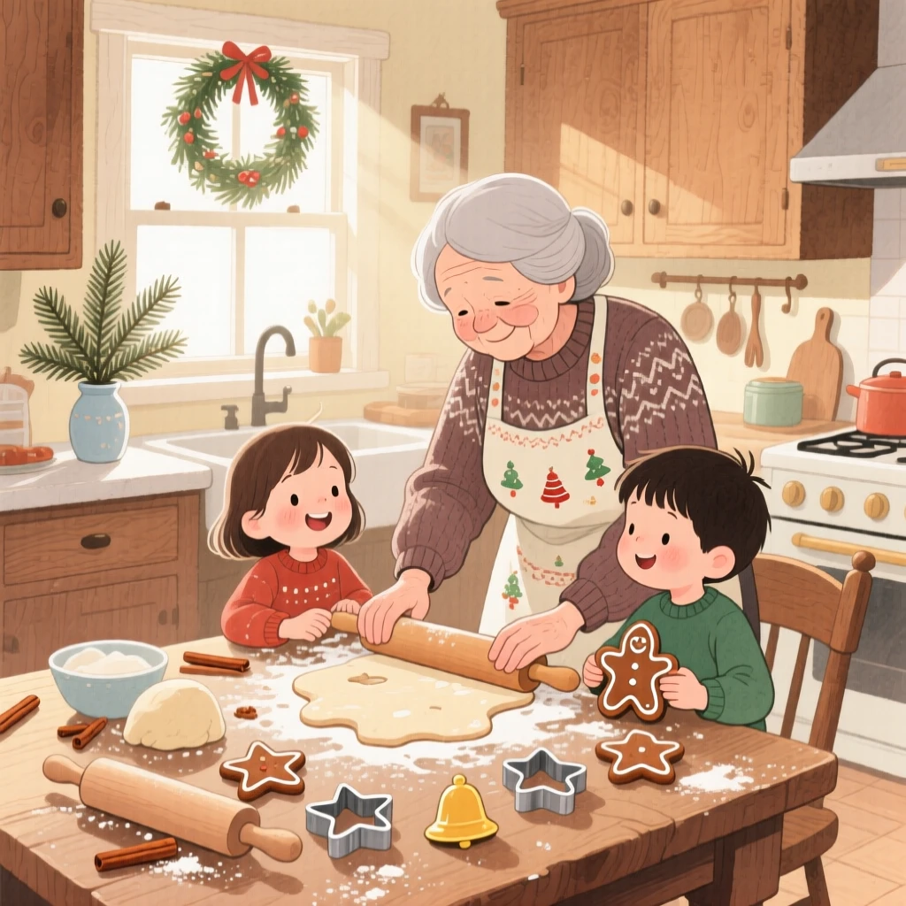 A grandmother teaching her grandchildren to make holiday cookies, in a warm kitchen dusted with flour and cinnamon, with the scent of cinnamon and pine in the air, evoking cherished holiday tradition.