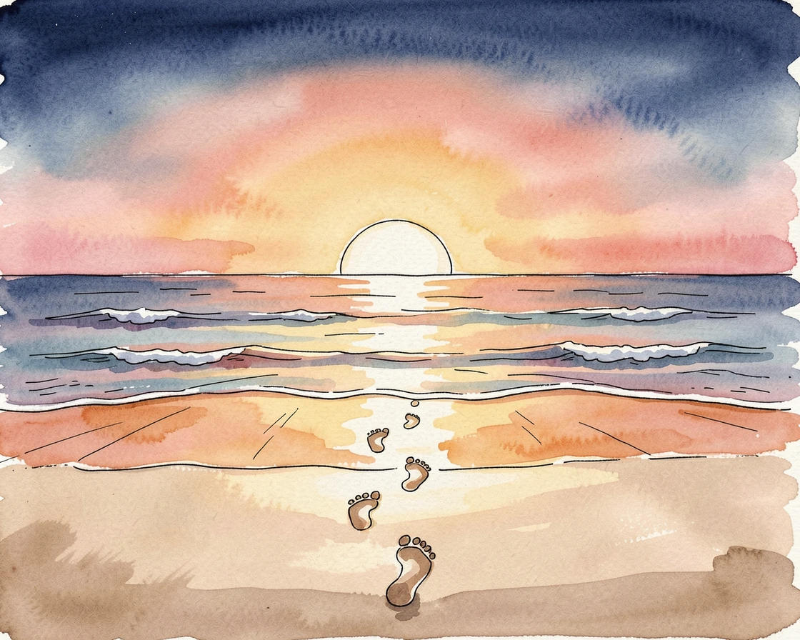 A trail of footprints leading toward a glowing sunrise on an empty beach, warm light framing the scene with gentle optimism.
