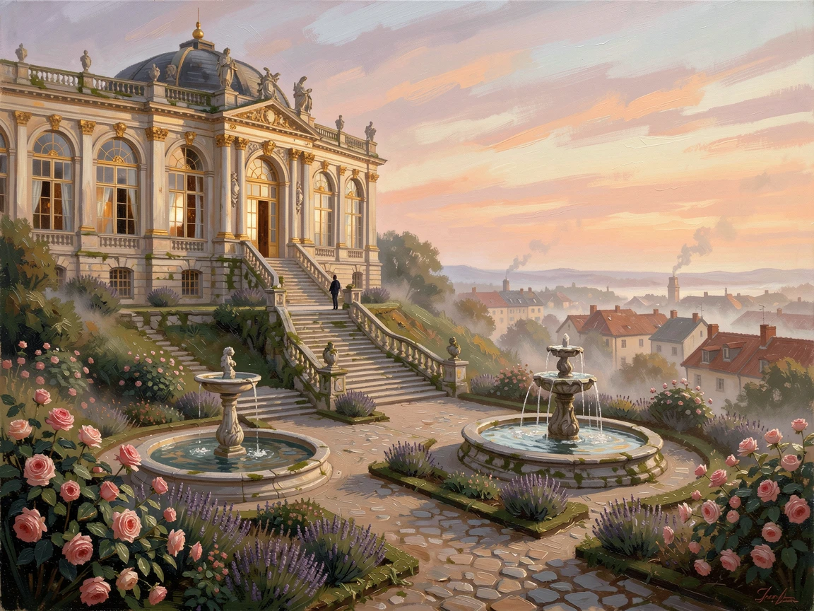 Atop a hill overlooking a sprawling old town, a grand palace with ornate gardens, a lone figure standing at the top of a stone staircase, at sunrise, mist clinging to its ancient stones.