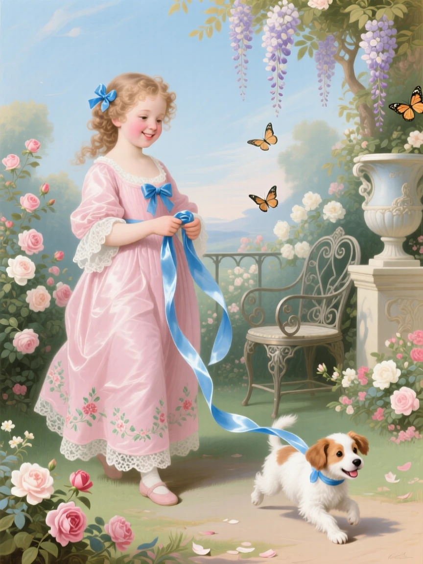 A young girl holding a blue ribbon while her puppy chases its end  