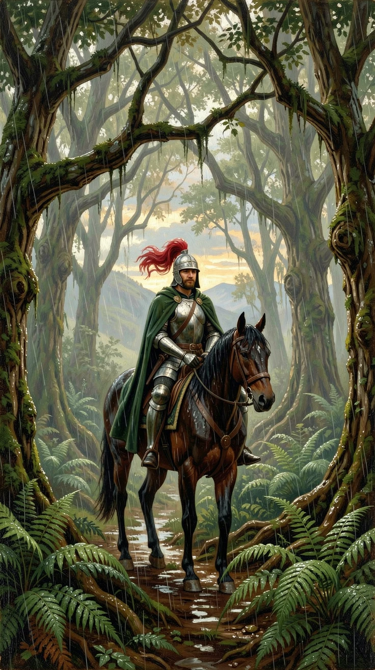 A knight on horseback moves quietly through a dense woodland thick with ferns while rain patters softly on the leaves.
