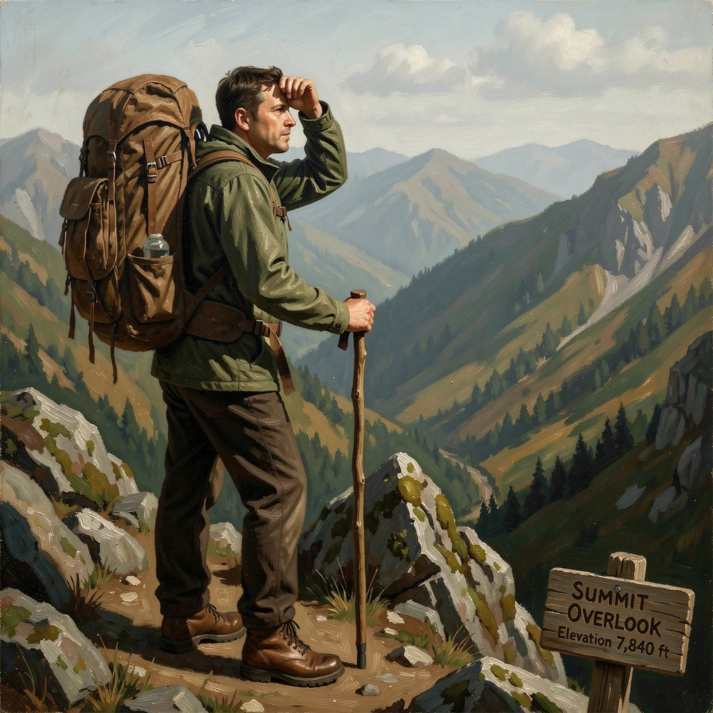 A backpacker standing at a mountain overlook, taking in an endless valley view, with a sense of freedom and wonder evident in every detail, celebrating exploration, discovery, and unforgettable experiences