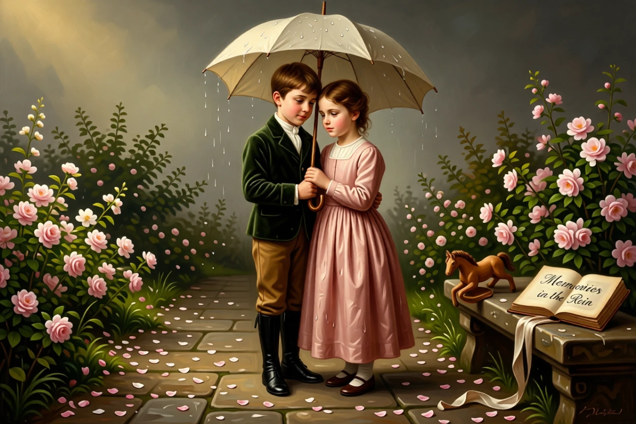 Two young siblings sharing an umbrella in a sudden spring shower at the exact instant a memory is quietly being made, set beside a garden path scattered with fallen blossoms, with toys, ribbons, or a forgotten book scattered nearby; warm, low light wraps the family in a comforting glow, evoking pure, unguarded tenderness and love.