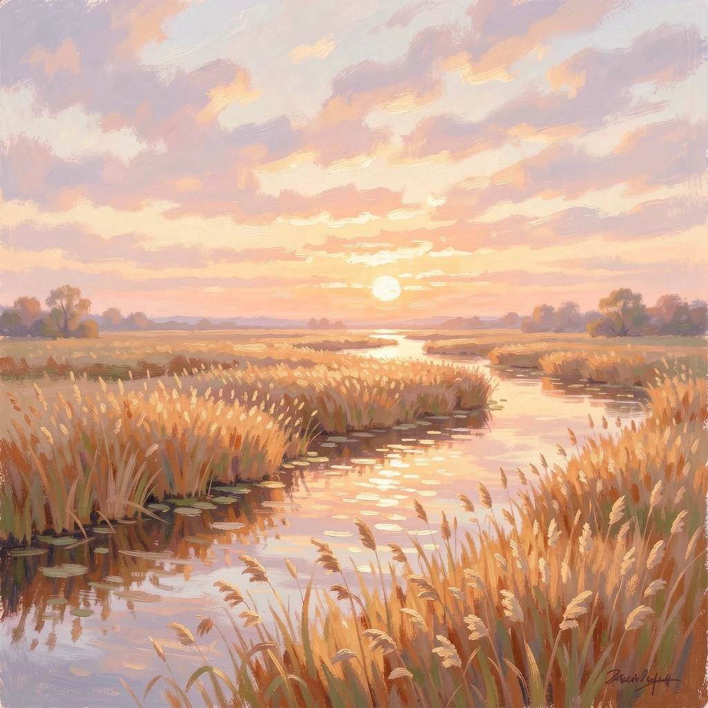 A quiet river delta at sunset, channels of water winding through golden reed beds, under a glowing sunset sky.