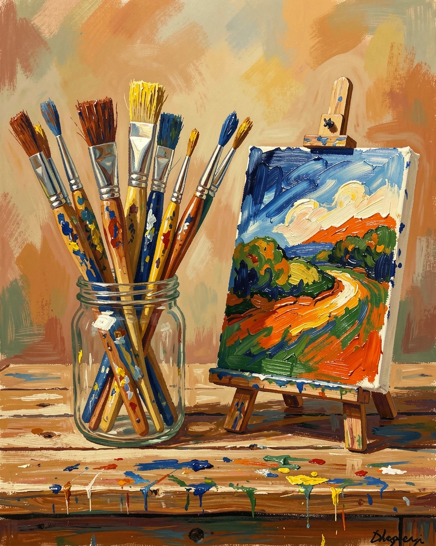 A collection of paintbrushes standing in a jar beside a half-finished canvas.