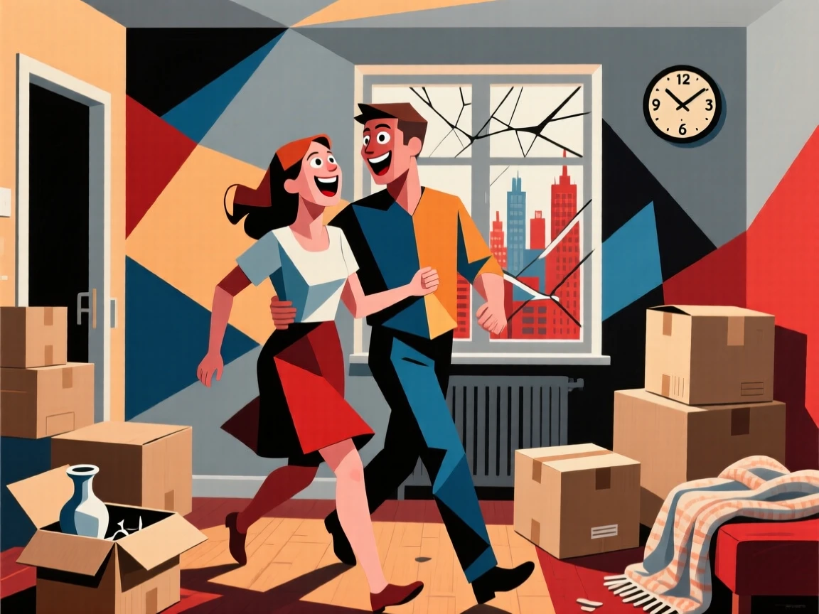 A young couple moving into their first apartment, surrounded by boxes and laughter.