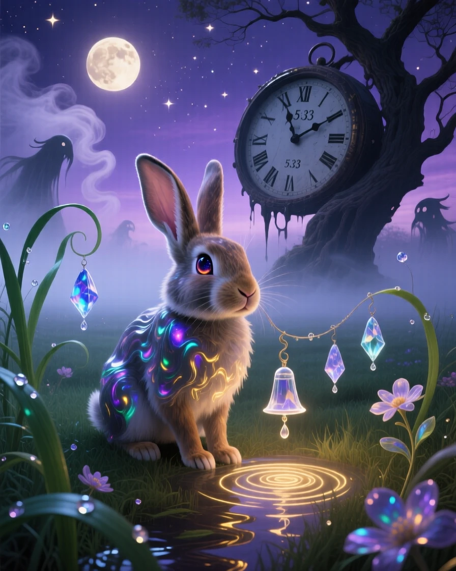 A rabbit whose fur ripples like water in the wind moves silently through a fog-covered meadow, while soft chimes seem to ring with each of its movements.