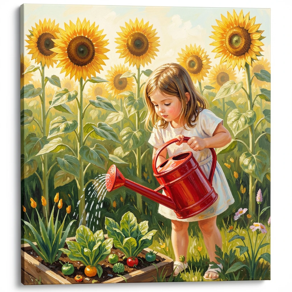 A young girl waters a small vegetable garden with a bright red watering can, sunflowers towering behind her in the summer afternoon, the composition drawing attention to small, telling gestures that reveal character and mood.
