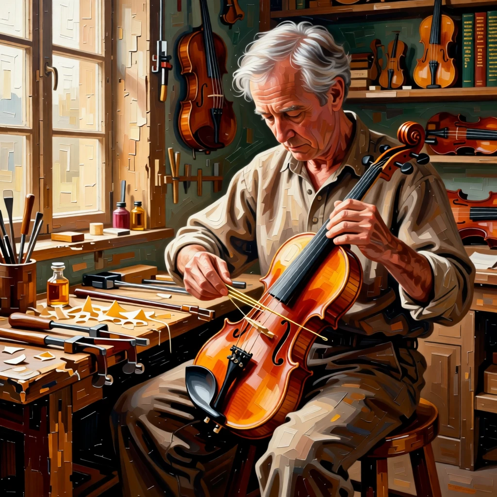 A luthier carefully stringing a handmade violin in a quiet wood-scented workshop