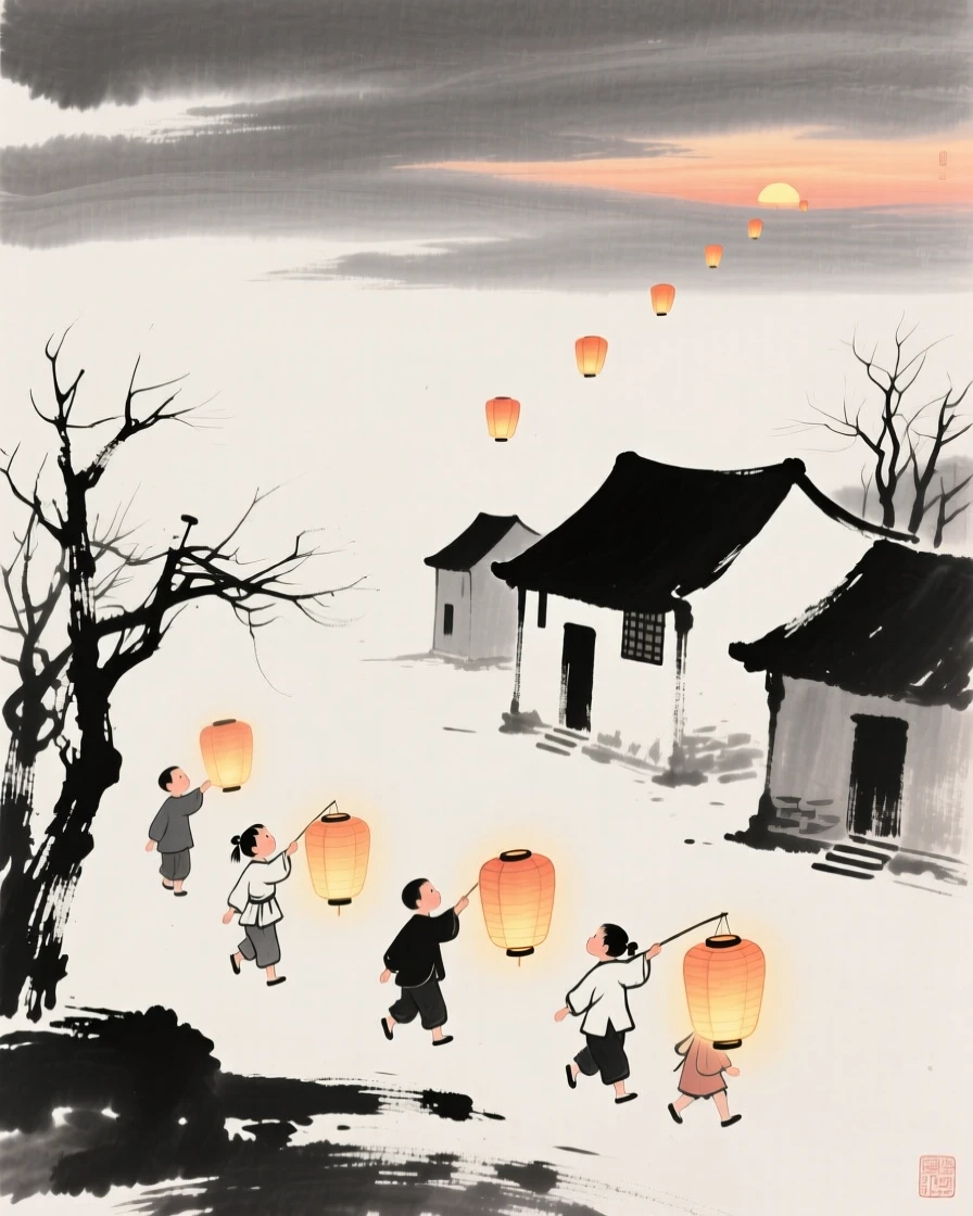 Children carry glowing paper lanterns through a village at dusk, as the last lanterns drift slowly out of sight.