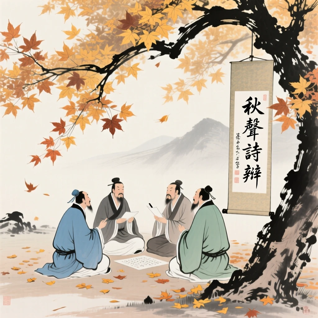 A group of scholars debating poetry beneath a canopy of maple leaves, as autumn leaves turn golden, radiating gentle serenity.