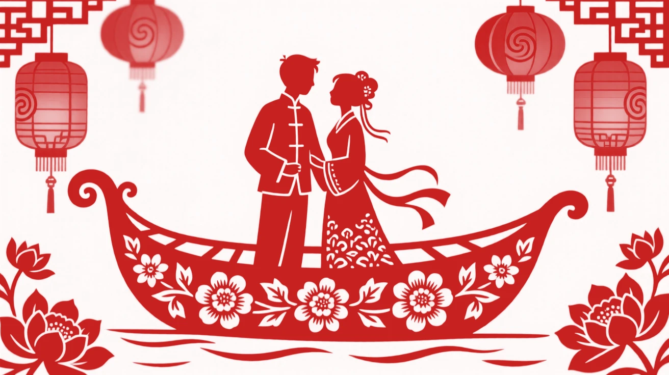 A betrothed couple standing together at the prow of a flower-decked boat, red lanterns glowing warmly in the background.