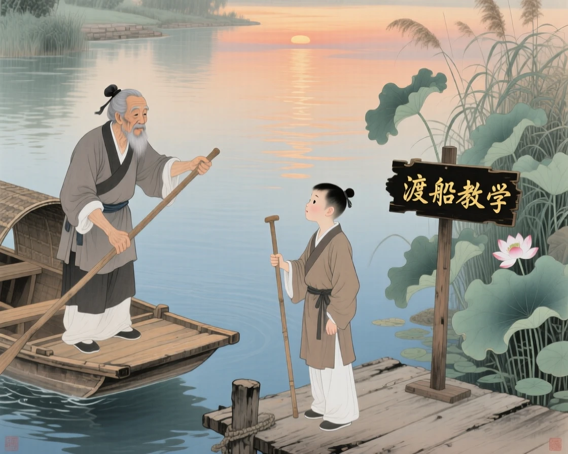 A ferryman teaching a skill to an eager apprentice beside a slow-moving canal at dusk