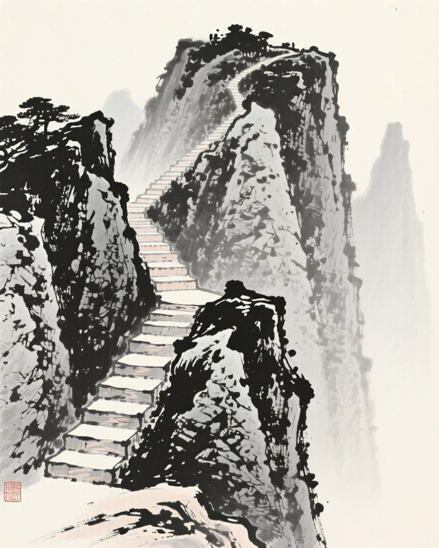 A steep staircase of rock leading up toward a distant summit beneath towering rock walls softened by haze, viewed from a high vantage point looking down across the whole scene, conveying calm reflection and gentle isolation.