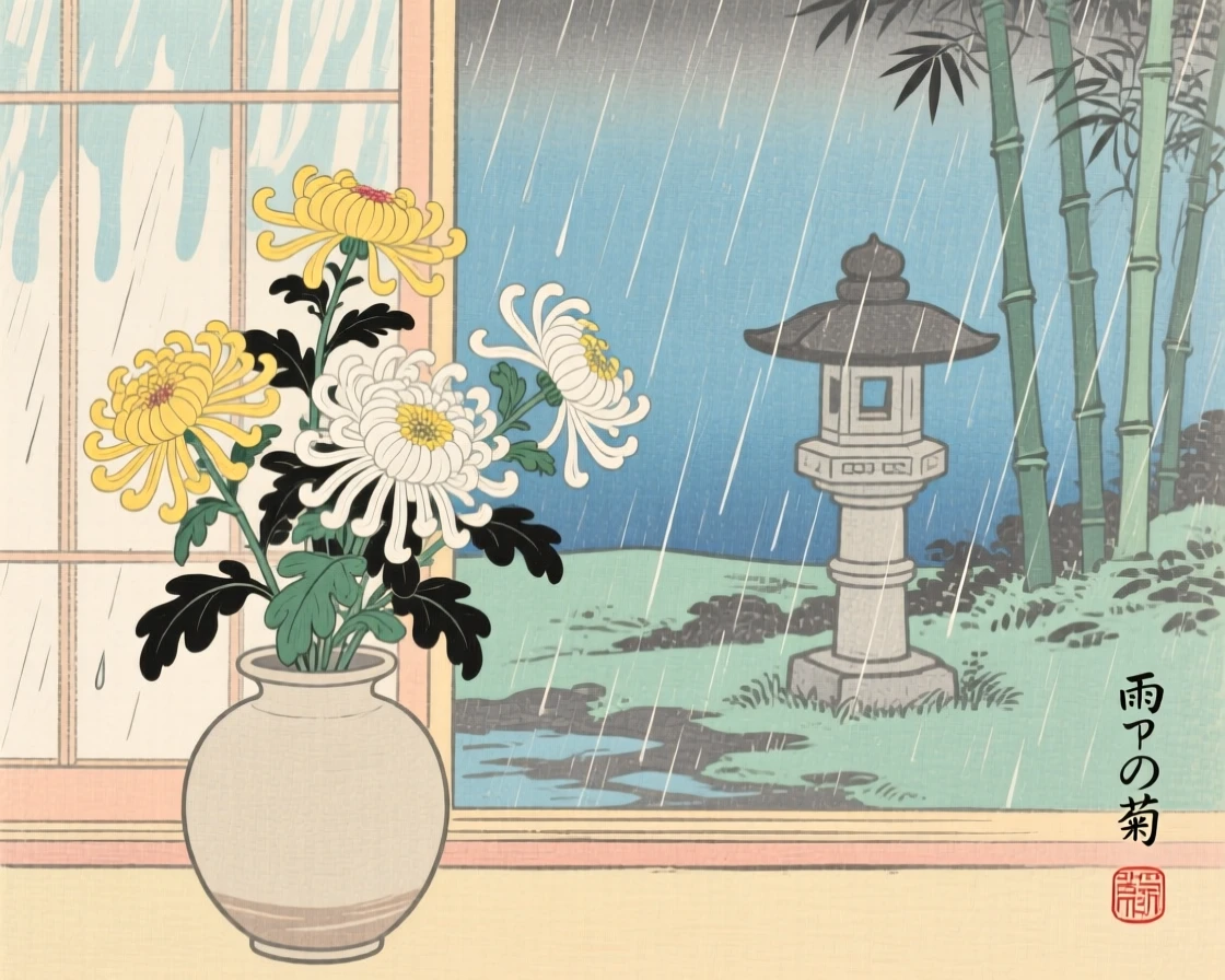 A bouquet of chrysanthemums opened beside a rain-streaked window.