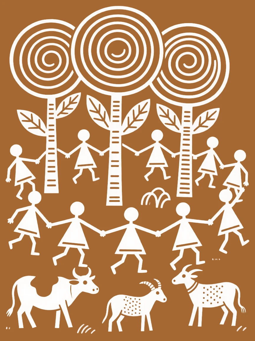 A composition centered on a sacred grove surrounded by dancing figures and grazing animals.