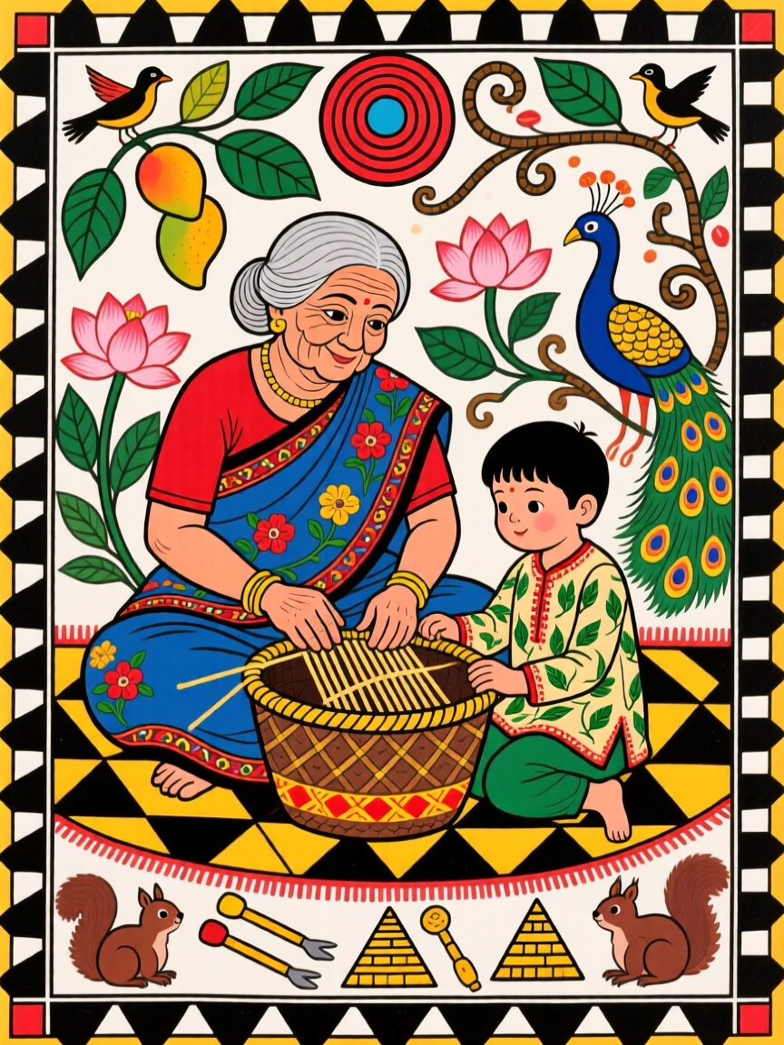 A child learning to weave a basket from an attentive grandmother.