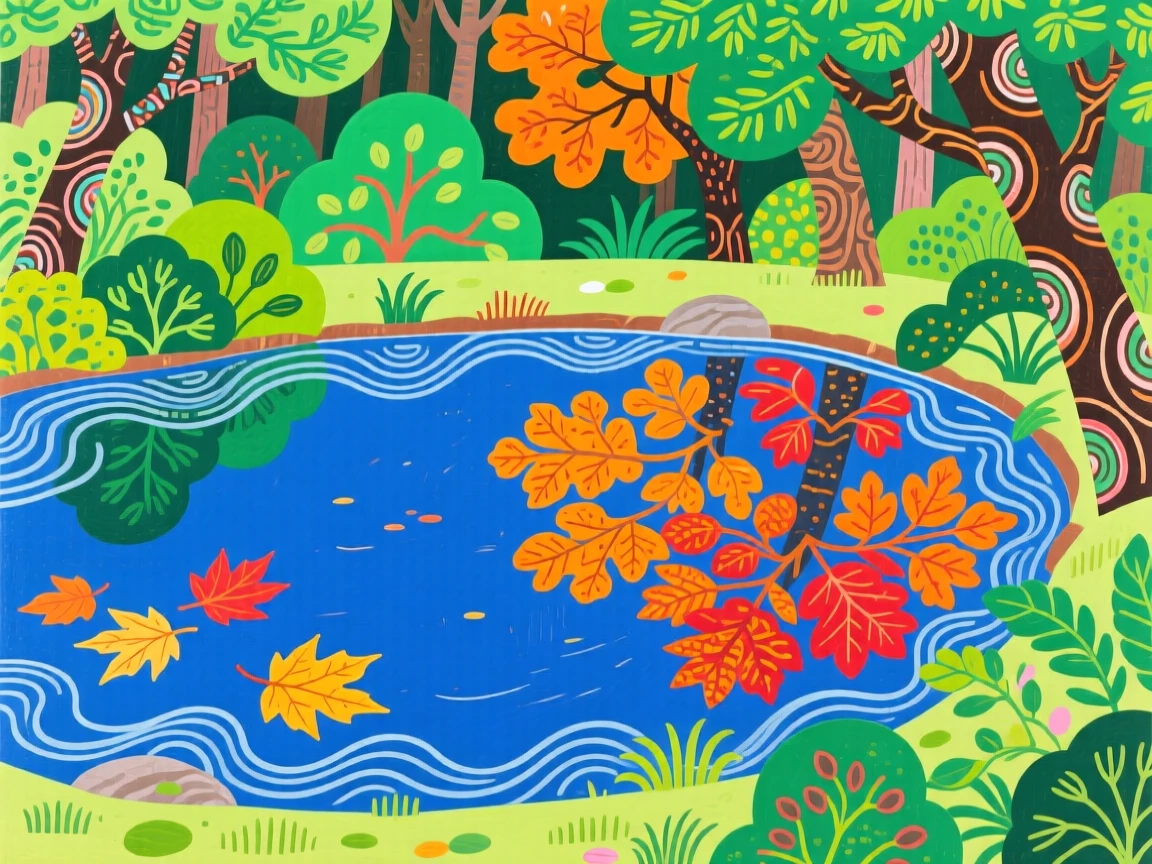 A quiet forest pond where the reflection shows a different season than the shore.