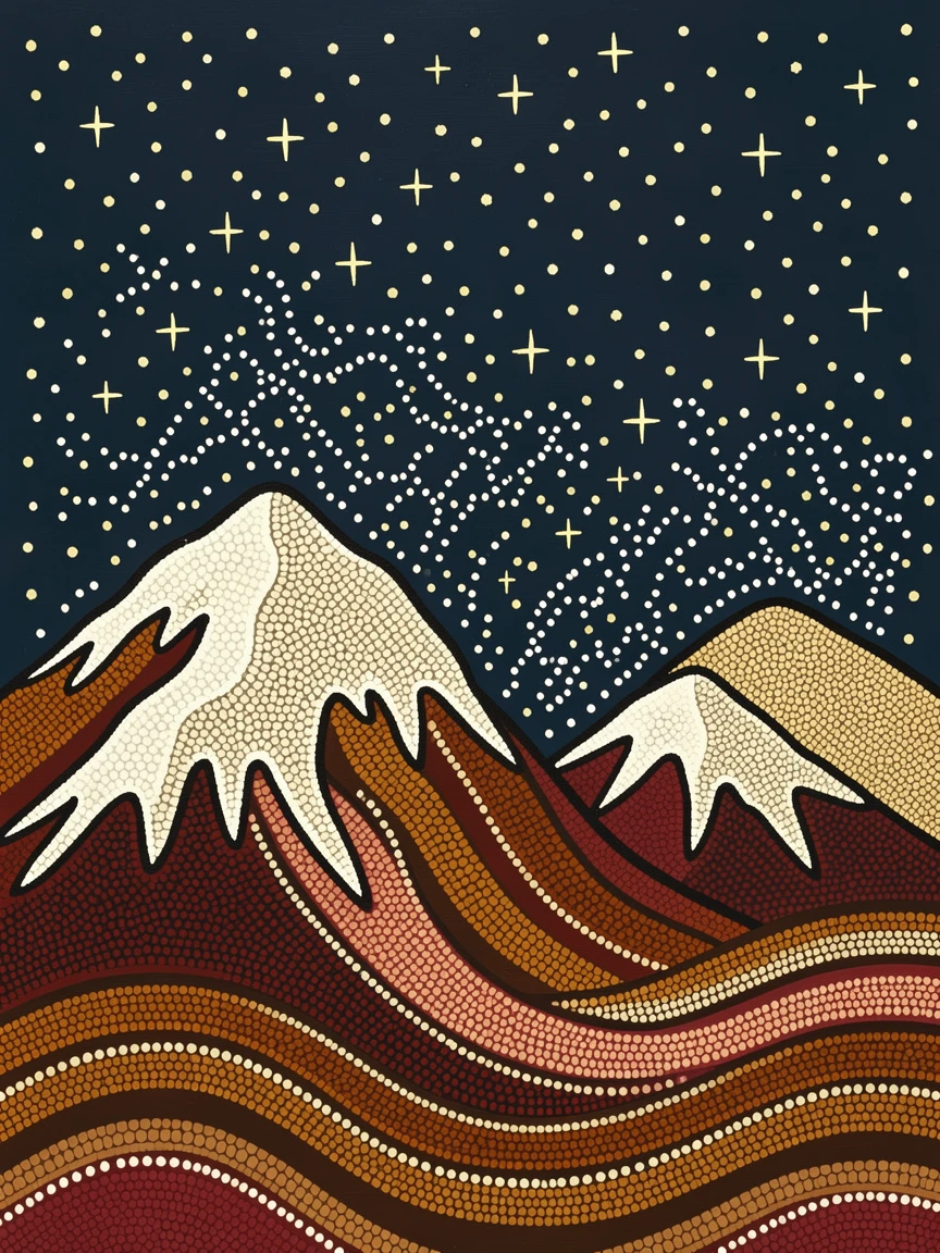 Snow-capped mountain peaks beneath a starry night sky