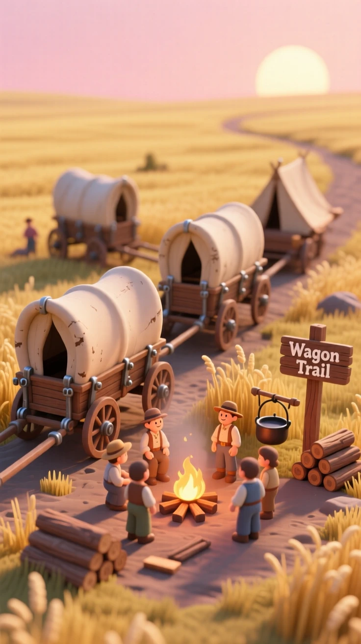 A pioneer-era covered wagon train crossing a golden prairie, families gathered around campfires as the sun sets.