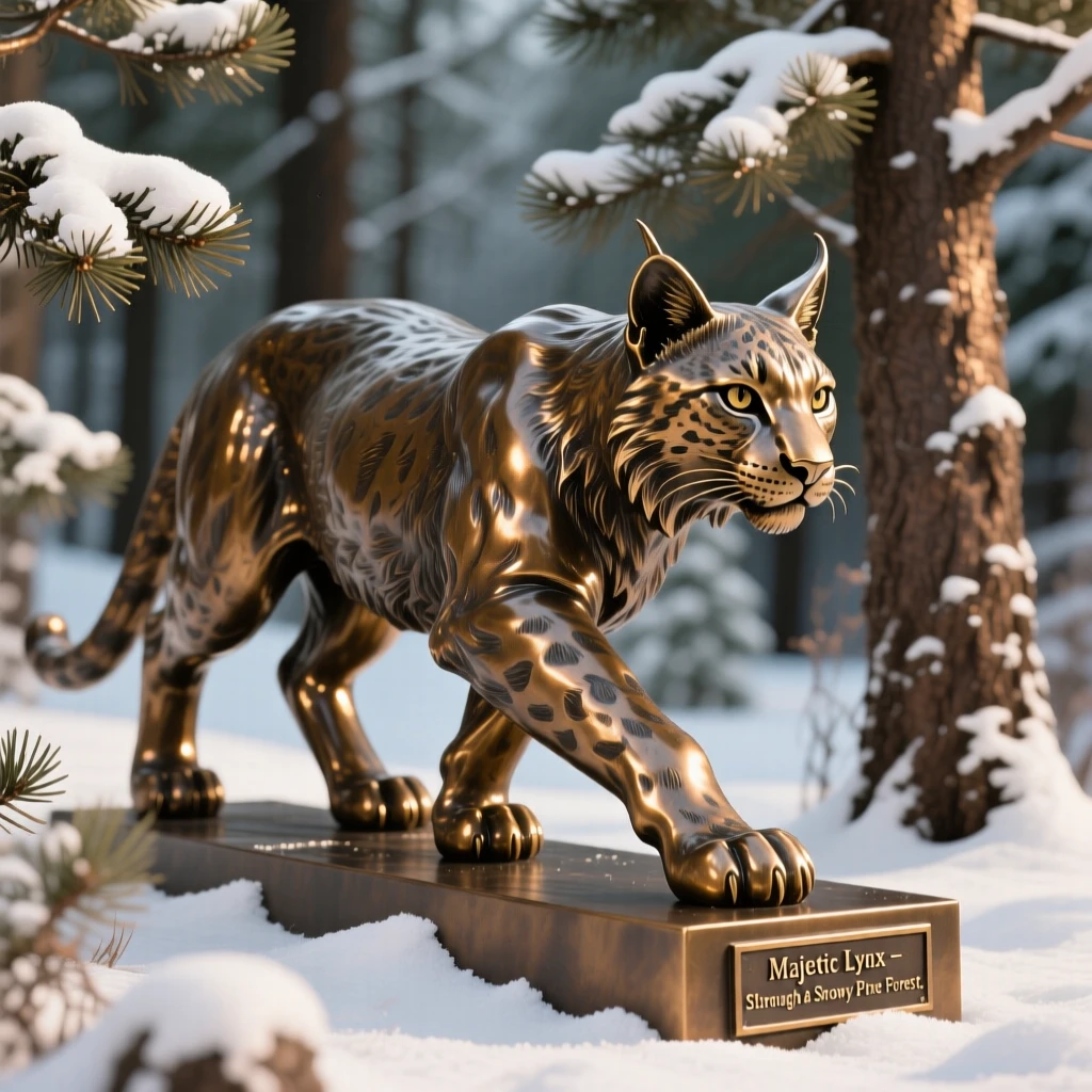 A majestic lynx stalking through a snowy pine forest, bathed in warm, natural light, evoking wonder and majesty