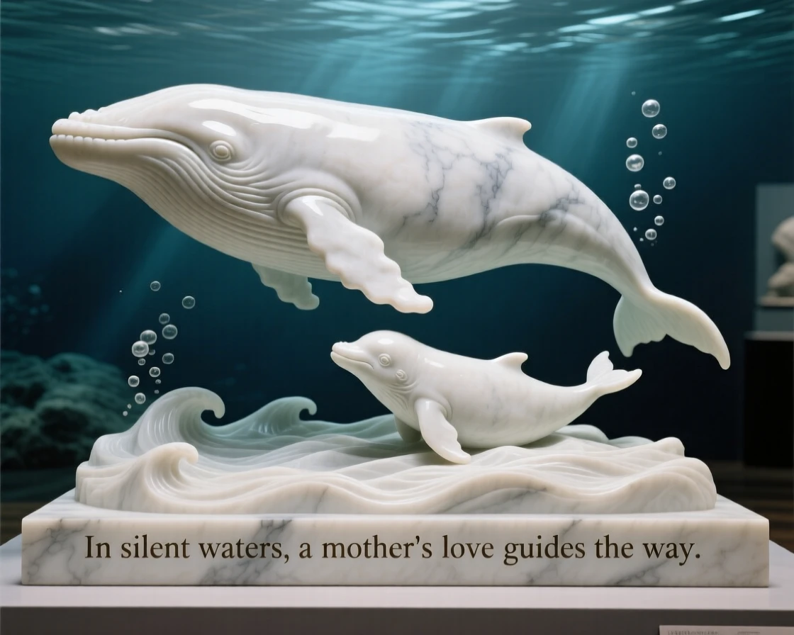 A beautifully composed image of a mother whale swimming beside her calf, in a moment of quiet stillness, full of atmosphere and visual storytelling