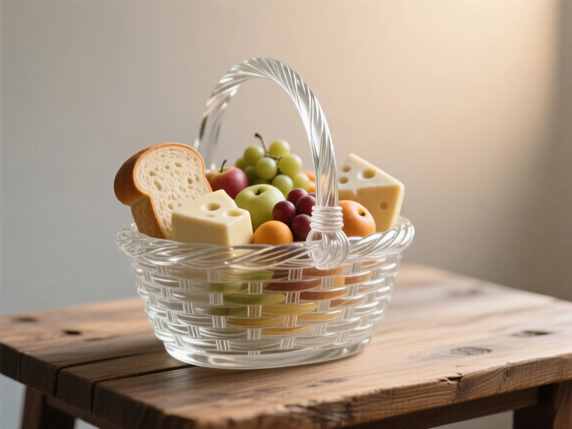 A picnic basket filled with bread, cheese, and fresh fruit on a rustic wooden table set for breakfast, while a warm breeze drifts through a nearby open window